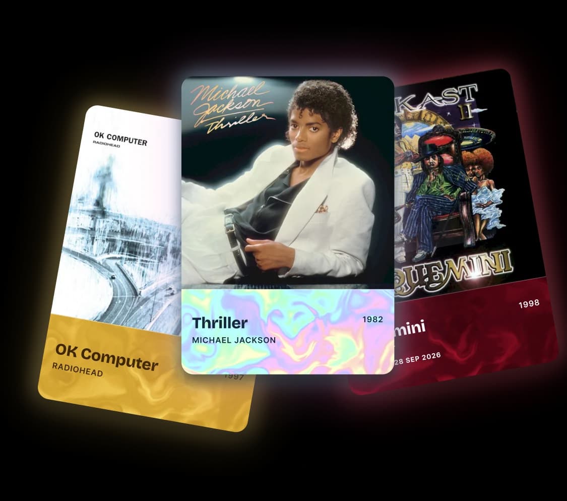 Three album cards fanned out